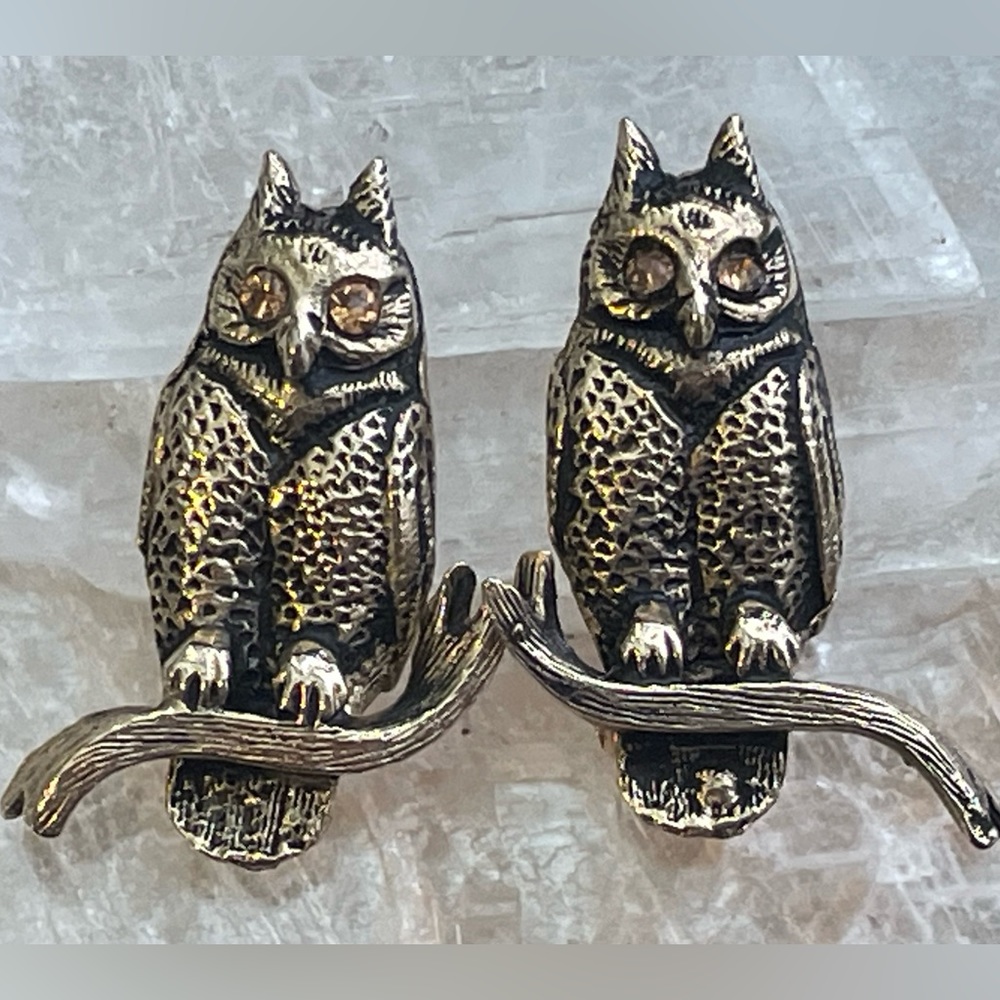 Vintage 50’s Signed JOLLE rhinestone gold tone OWL earring/ 50’s clip-on owls